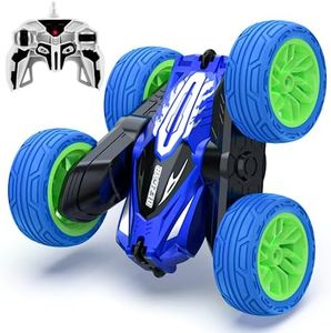 BEZGAR LED Remote Control Cars - 2.4GHz Double Sided Stunt Car, 360° Flips Rotating 4WD RC Car, Indoor & Outdoor Fun Rechargeable Toy Gifts for Boys Kids Girls, TD203MINI Blue