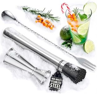3 Pcs Muddler for Cocktails Set - Bar Muddler Tool with Sturdy Head, Versatile Cocktail Spoon & Jigger, Easy to Use & Clean, Stylish Rust-Resistant Stainless Steel Set - Bar Tools for Drinks Mixing
