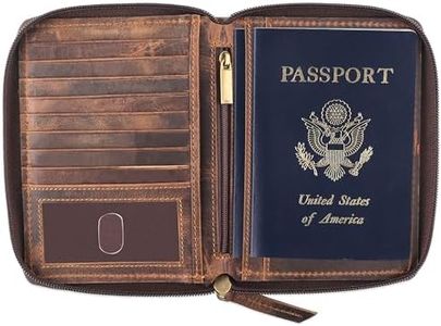 Passport Wallet - Travel Document Holder w/RFID Blocking – Full Grain Leather – Bifold compact zip around Wallet with Credit Card Slots for Women and Men,distressed brown,500-30