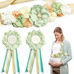 3Pcs Maternity Sash Mother to Be & Daddy to Be Corsage Pin Set, Green Flower Baby Shower Sash Belly Belt Decoration, Pregnancy Sash Expectant Parents Gender Reveal Party Photography Props Supplies