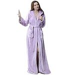 KINOW Flannel Hooded Robes for Women Long Plush Bathrobes Morning Gown Light Purple M