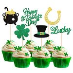 ZHUOWEISM 24 PCS Happy St Patrick's Day Cupcake Toppers Glitter Shamrock Lucky Three Leaf Clover Cupcake Picks Hat Horseshoe Cake Decorations for St Patrick's Day Theme Baby Shower Birthday Party