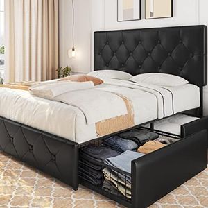 Yaheetech Queen Size Upholstered Bed Frame with 4 Drawers and Adjustable Headboard, Faux Leather Platform Bed with Mattress Foundation Strong Wooden Slats Support, No Box Spring Needed, Black