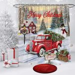 Manicer Christmas Red Vintage Truck Shower Curtain, Xmas Trees Snowman Winter Forest Rustic Retro Farmhouse Merry Christmas Bath Decor for Bathroom Waterproof Washable Fabric with Hooks - 72" x 72"