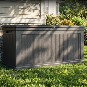 Uiowio 270 Gallon Deck Box, Extra Large Waterproof Outdoor Storage Box with Hydraulic Rod, Weatherproof Resin, Lockable Wood-grain Finish Container for Patio Furniture, Garden, Pool and Garage (Black)