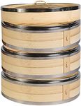 Hcooker 3 Tier Kitchen Bamboo Steamer with Double Stainless Steel Banding for Asian Cooking Buns Dumplings Vegetables Fish Rice