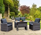 GOODS EMPORIUM 4 Seater Rattan Garden Furniture Set - Outdoor, Patio furniture, Conservatory Sofa sets - FREE COVER INCLUDED (Dark Grey with Rising Table)