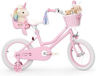 KORIMEFA Girls Bikes Ages 2-7 with Training Wheels 12 14 16 Inch, Toddler Bicycle with Streamers, Basket and Doll Seat, Coaster Brake, Birthday Gift