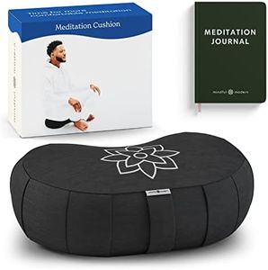 Mindful & Modern Large Meditation Cushion | Zafu Yoga Bolster Meditation Floor Pillow Seat | Buckwheat Hull Filled Crescent Shaped Cushion with Removable Washable Cover + Carry Handle (Minimal Black)