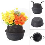 Natural Seagrass Woven Hand Woven Seagrass Belly Basket with Handles for Storage Plant Pot Black 22x20cm