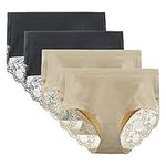 LIQQY Women's 4 Pack High Rise Underwear Combed Cotton Brief Breathable Lace Full Coverage Panty (Black/Nude, X-Large)