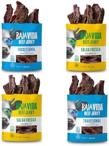 BAJA BEEF Jerky Snack Packs - Beef Jerky Variety Pack, Beef Jerky Gifts for Men, Beef Jerky Sampler, High Protein Craft Jerky Assortment, Gluten Free - Traditional & Salsa Fresca, 2.5 Oz Bags (4 Pack)