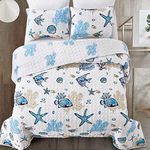 Mocaletto Luxury 3 Piece Queen Size Quilts, Elegant&Reversible Ocean Quilt Set Bedding Set with Pillow Shams, Sealife Beach Bedspread, Lightweight Microfiber Queen Size Coverlet