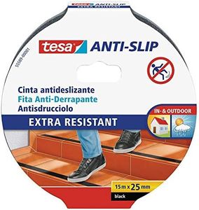 tesa Cinta Antideslizante, Cinta Adhesiva Antideslizante para Interiores y Exteriores, adecuado para Escalones, Rampas y Suelos Resbaladizos, Negro, 15 m x 25 mm