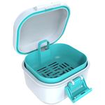 ARGOMAX Leak Proof Denture Bath Cup, Travel Denture Cleaning Case with Strainer, Portable Retainer Cleaner Box for Soaking Aligner and Denture Holder(White + Cyan)