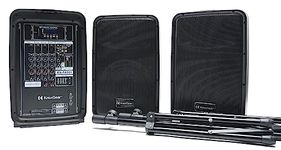 Knox Dual Speaker and Mixer Kit – Portable 8” 300 Watt DJ PA System with Wired Microphone, and Tripods – 8 Channel Amplifier - Bluetooth, USB, SD, 1/4” Line RCA, XLR Inputs