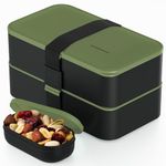 Bentoheaven Premium Bento Box Adult Lunch Box with 2 Compartments (40oz), Cutlery & Set of Chopsticks, Large Dip Container, Cute Black Japanese Bento Box, Rectangle, Microwavable (Olive Garden)