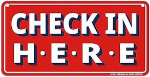 GEEKBEAR Check In Here Sign Hanging from Ceiling - 12 x 6 in (Red)