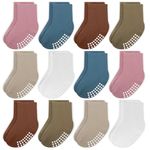 JAKIDAR 12 Pack Baby Socks Cotton Crew Toddler Socks Grips Non Slip Bottom Kids Socks, Pink Blue Brown Khaki 12-24M