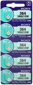 Sony 364 (SR621SW) 1.55V Silver Oxide 0% Hg Mercury Free Watch Battery (5 Batteries)