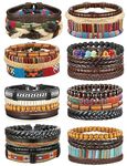 FIBO STEEL 31 Pcs Braided Leather Bracelets for Men Women Wooden Beads Cool Hemp Tribal Wristbands Cuff Punk Multilayered Bracelets, 8.5 inches, Stainless Steel