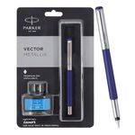 Parker Vector Metallix Fountain Pen (Fine Nib) | Blue Body Color With Quink Ink Bottle | Gifts For Employees | Perfect For Corporate Use