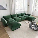 WJShome U-Shaped Sectional Sofa,Chenille Minimalist Modular Sofas Couches,6-Seater Sectionals Couch with Wide Reversible Chaise Ottoman for Living Room Bedroom Office Apartment,Green