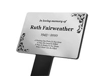 Personalised Memorial Plaque, Ground Stake, Grave Marker - Engraved Silver & Black Plaque With Decorative Roses, Outdoor/Indoor Use, Shipped Globally.