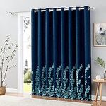 Melodieux Flower Embroidery Linen Wide Blackout Curtains for Patio Door Living Room Large Window Grommet Drape, Navy/Blue, 100 by 84 Inch (1 Panel)