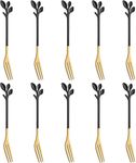 Dessert Fork with Leaf Handle, 10 Pcs 4.7"Appetizer Fork,Creative Black & Gold Fruit Fork, Premium Food Grade Stainless Steel,Mirror Finish & Dishwasher Safe (Black gold-10Fork)