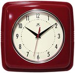 Infinity Instruments Square Silent Retro 9 inch Mid Century Modern Kitchen Diner Retro Wall Clock Quartz Sweep Movement (Red)