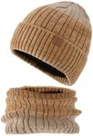 Unisex Winter Beanie Hat Scarf Set,Slouchy Knit Beanie for Women,Fleece Lined Beanies for Guys Men, A-brown, One Size