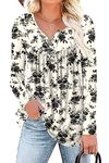 Aodemo Women's Fall Henley V Neck Button Up Tunic Ladies Tops Flowy Long Sleeve T-Shirts Pleated Blouse L, Black Rose