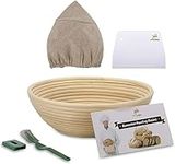 Round Bread Proofing Basket 10 inch Large Banneton Proving Basket Natural Rattan Sourdough Proving Basket for Professional Home Bakers (with Cloth Liner, Dough Scraper, Bread Lame, Starter Recipe Set)