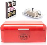 AllGreen Vintage Bread Box Container for Kitchen Decor Stainless-Steel Metal bread Bin Retro RED For Kitchen Counter Dry Food Storage Including Free Butter Dish and Serving eBook Store Bread Loaf