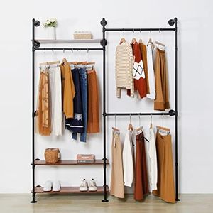 EDCB Industrial Pipe Clothing Rack - Wall Mounted 3-Tier Heavy Duty Metal Garment Rack with Shelves, Black Closet Organizer for Retail Stores & Bedroom (92.1X76.8inch)