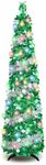 Pop Up Christmas Tree, 5FT Collapsible Artificial Christmas Tree with 90 LED Lights, Tinsel Small Pencil Christmas Tree for Home Holiday Fireplace Party Indoor Outdoor Xmas Decorations