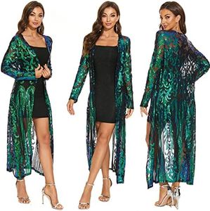 Women's Sequin Cardigan Summer Cover Up Dress Glitter Sparkle Open Front Coat Dresses Duster for Evening Prom, Green, 3X-Large