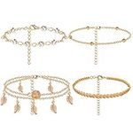 Yaomiao 4 Pcs Boho Anklets Adjustable Ankle Bracelet Layered Beaded Leaf Foot Chain Foot Jewelry for Beach Costumes Women Girl (Gold)