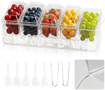 MIKESIER Ice Chilled Condiment Caddy, Condiment Tray Server with 5 Containers Lids, Fruit & Garnish Tray for Party Supplies & Bar Accessories, Set of 5 Serving Spoons & 2 Tongs Included