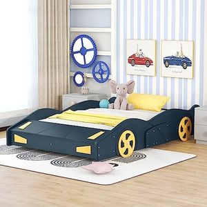 Acosure Full Size Race Car-Shaped Platform Bed with Wheels,Wooden Car Bedframe W/Storage Space,No Box Spring Required,for Boys Toddlers Kids Child's Bedroom,Dark Blue+Yellow