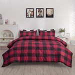 LUCKYBULL Queen Comforter Set 3 Pieces Fluffy Bedding Set Red Plaid Down Alternative Comforter, Buffalo Plaid Soft Textured Comforter with 2 Pillowcases All Seasons, Red and Black