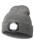 Gifts for Men, Unisex LED Beanie Hat with Light, 4 LED USB Rechargeable Hands Free Headlamp Winter Warm Knitted Cap, Flashlight Lights Hat Torch Skull Cap Women Men Gifts for Camping Hiking (Grey)