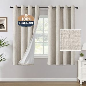 Smarcute 100% Blackout Curtains for Bedroom Linen Textured Thick Chenille Curtains Full Darkness-Block Out Heat & Light, Eyelet Curtains Thermal Insulation,Each W132cm x D160cm,Heather Natural