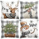 Christmas Cushion Covers - Christmas Decorations Pillow Cases 45 x 45cm Set Of 4 Grey And White Throw Pillow Cover, Snowflake Stag Cushions Xmas Cushion Covers For Home Sofa Living Room Decorations