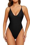 SHEKINI Women's Sexy Plunging V Neck Bathing Suit High Cut Open Back One Piece Swimsuits Adjustable Beach Swimwear, Black, M