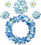 Hawaiian Leis Flower Headband Wristbands Tropical Hawaii Luau Necklace Bracelets Hair Hoops Wreath Women Headpiece Hair Bands Cosplay Costume Summer Beach Vacation Pool Party Decoration Blue