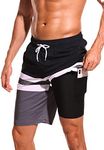 difficort Mens Swimming Trunks with Compression Liner Quick Dry Board Shorts Swimsuit with Zipper Pockets,Black+White+Grey,XX-Large