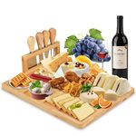 Cheese Board and Knife Set, Bamboo Charcuterie Boards, Cheese Serving Platters with Removable Standing Cutlery Set (4 Stainless Steel Knives), Wooden Cheese Tray, Perfect for Housewarming, Wedding ,Bridal Shower, Birthday and Anniversary