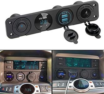 4 in 1 Charger Socket Panel, 2.1A&2.1A Dual USB Socket + LED Voltmeter + 12V Outlet + ON-Off Toggle Switch 4in1 Control Panel for Car Boat Marine RV Truck Blue LED (Shipped from AU Warehouse)